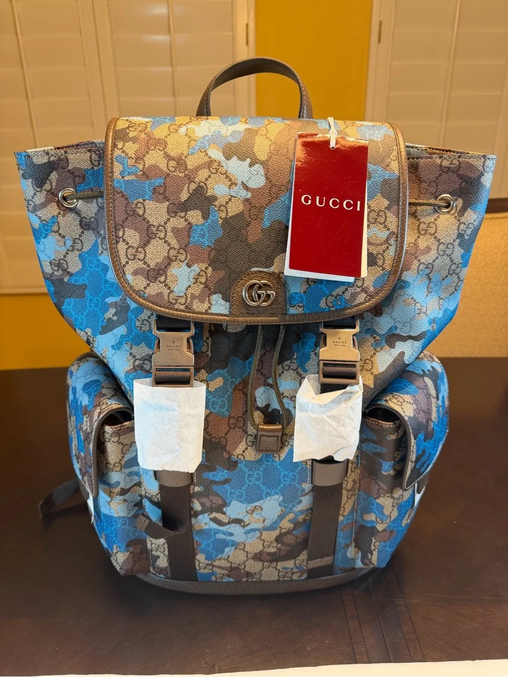 New Authentic Gucci GG Supreme Logo Blue Camo Backpack Tan Size Large
